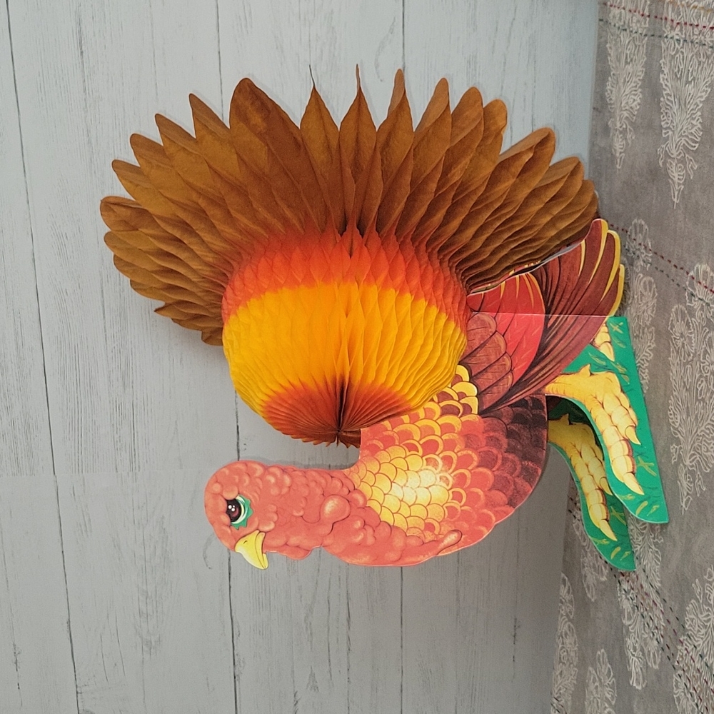 Vintage | 90s Large Honeycomb Turkey Paper Party Decoration | Thanksgiving Fall